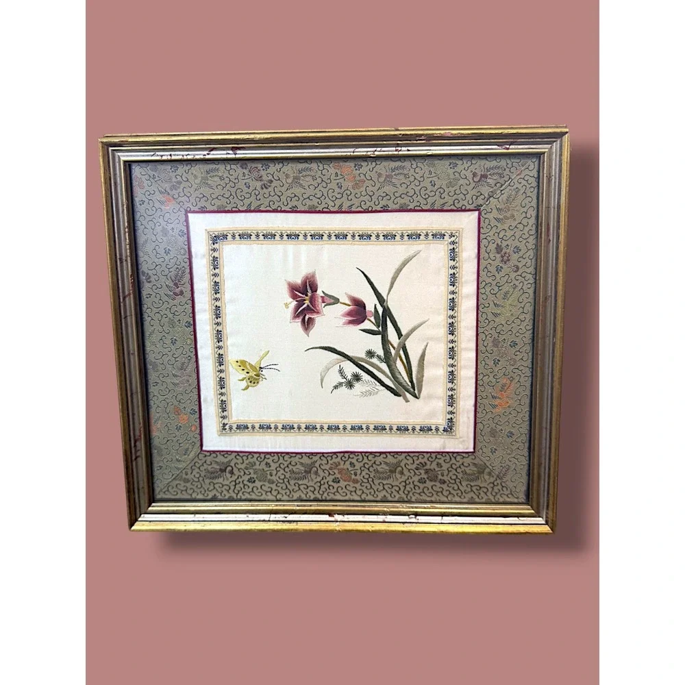 Vintage Framed Silk Embroidery Floral Butterfly Chinoiserie Wall Art 13x12